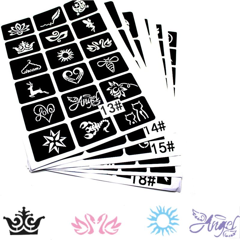 136Pcs/Lot Glitter Tattoo Stencil Cartoon Bear Bow Spider Scorpion Art