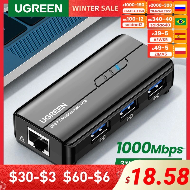 Ugreen Usb Usb3.0 Lan 1000Mbps Adapter Rj45 Usb Hub Voor