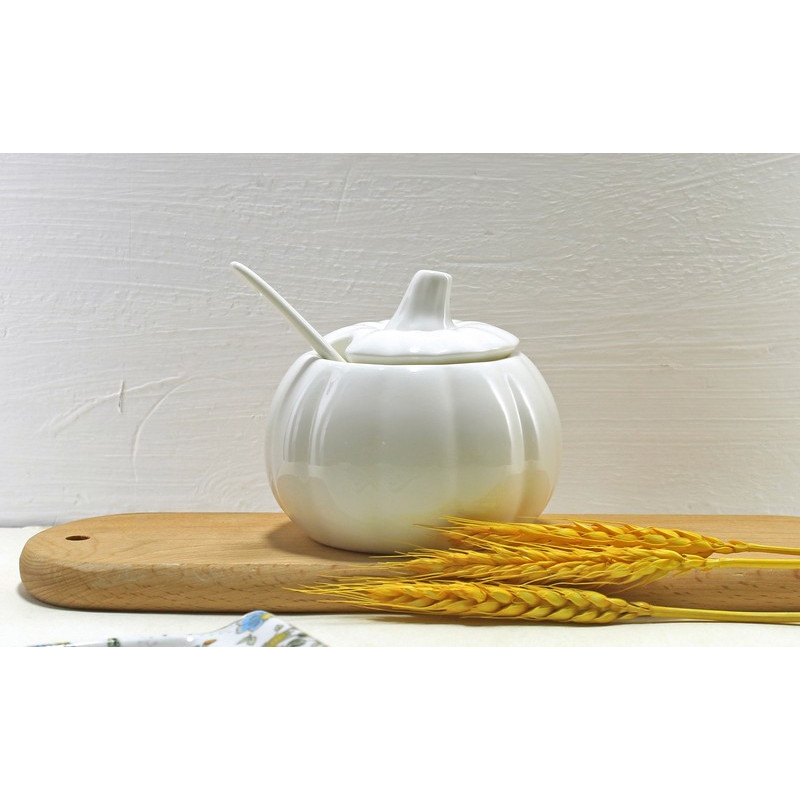 Plain White Bone China Coffee Sugar Bowl With Spoon, Porcelain Honey