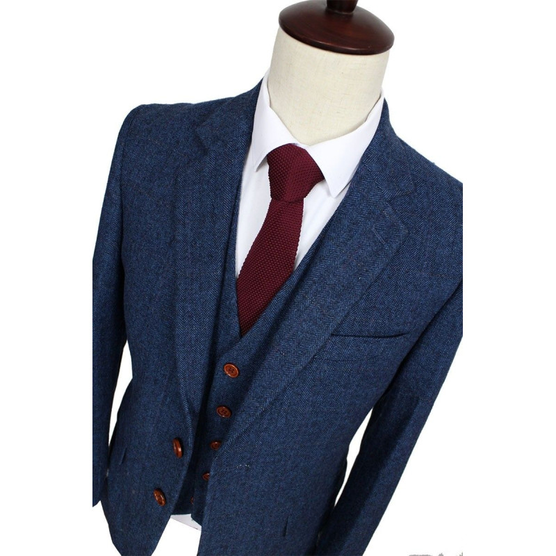 Wool Blue Herringbone Retro Gentleman Style Custom Made Men'S Suits Tailor Suit Blazer Suits For