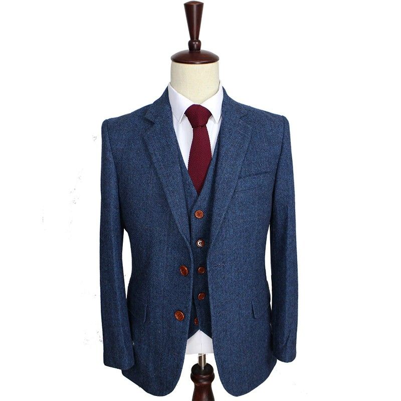Wool Blue Herringbone Retro Gentleman Style Custom Made Men'S Suits
