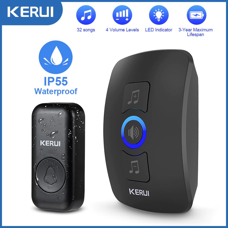 Timbre Inalámbrico Exterior KERUI M525 IP66 - 1000 Ft Alcance, 32 Melodías, 4 Volúmenes, Negro