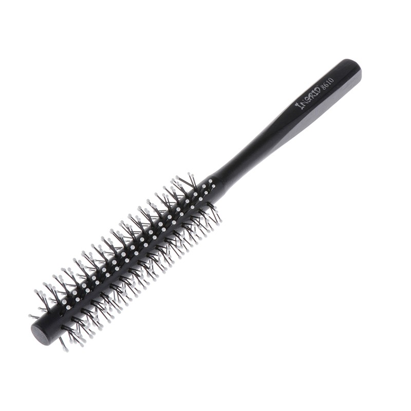 1 Piece Black Small Round Hair Brush for Thin or Short Hair, Mini Round Nylon Hair Brush With Wooden Handle for Men & Women