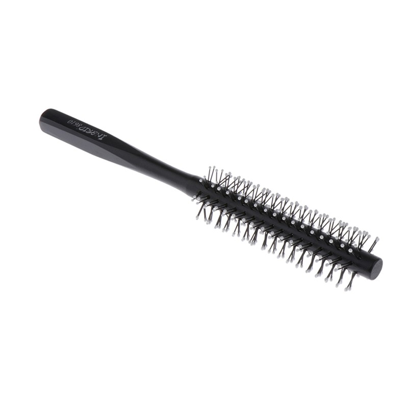 1 Piece Black Small Round Hair Brush for Thin or Short Hair, Mini Round Nylon Hair Brush With Wooden Handle for Men & Women