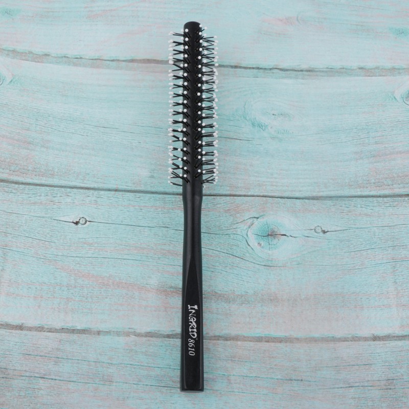 1 Piece Black Small Round Hair Brush for Thin or Short Hair, Mini Round Nylon Hair Brush With Wooden Handle for Men & Women